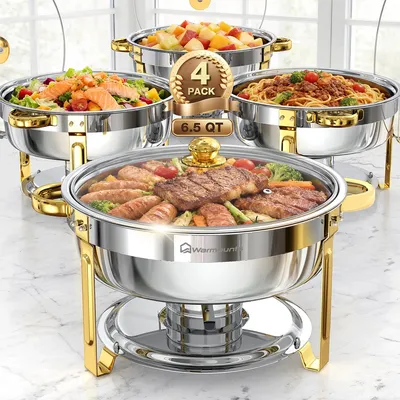 Produktbild von WARMOUNTS Chafing Dish Set 4er Gold 6QT Edelstahl Buffet Warmhaltebehälter Rund Speisenwärmer mit Glasdeckel für Party Hochzeit Catering