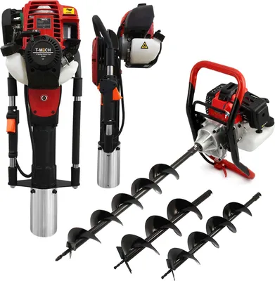 Obrázek produktu pro Benzínová zemní vrtačka (35 × 87 × 29 cm) a čtyřtaktní zatloukač sloupků (115 × 53 × 26 cm) – výkonná sada pro snadné vrtání a zatloukání sloupků, robustní a efektivní pro použití v zahradě, na stavbě a při montáži plotů