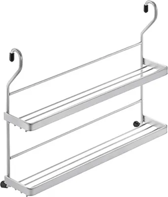 A two-tiered metal shelf with hooks for hanging.