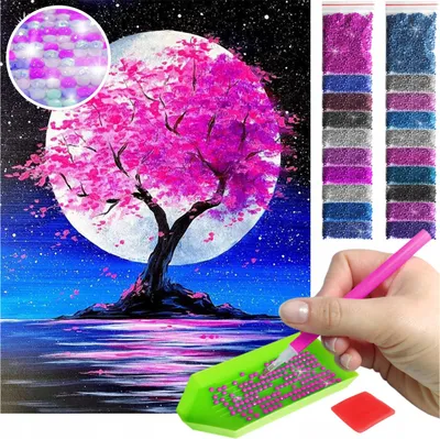 Produktbild von ARTULIO - Diamond Painting Set - Rosa Blütenbaum vor Vollmond - 40 x 30 cm - AB Steine, AB Diamant - Crystal Art, Home Wand Deko