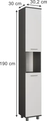A tall, narrow cabinet with two doors and an open shelf in the middle, shown against a white background with dimensions indicated.