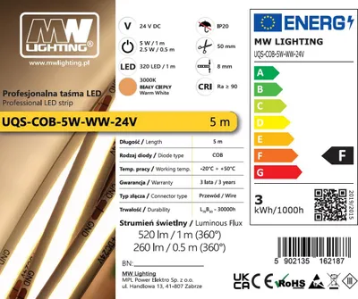 Obrázok produktu pre Profesionálny COB LED pásik 5 W 3000 K teplá biela 5 m