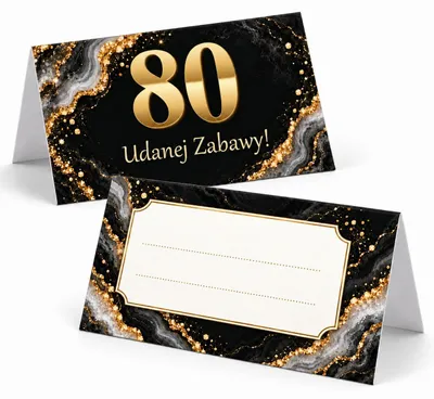 Obrázok produktu pre Skladacie menovky na stôl – 80. narodeniny – Čierny ónyx a zlatá – 6 ks