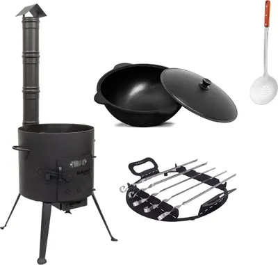 Produktbild von SET Feuerofen UTSCHAK mit Schornstein Ø ca. 37,4 cm + Gusseisen Kazan 10 L + Grill Spiess-Aufsatz