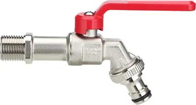 A close-up studio shot of a metal faucet with a red handle against a white background.