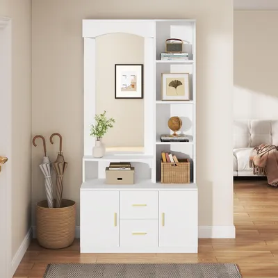 Produktbild von 90*40*180cm Multifunktionales Diele Flur mit Stauraum,Schränke mit Schuhschrank und Spiegel,Cabinet mit 2 Schublade und 2 Schränke, Kommoden mit Regal,Weiß