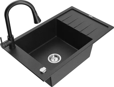 Produktbild von Mexen Elias 1 Becken-Granitspüle mit Abtropffläche und Mischbatterie Elia, Schwarz/Silbermetallic - 6511-73-670101-70