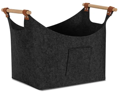 Image de Panier pliable en feutre gris foncé pour le bois de chauffage, marque Peviasot, capacité de 57 litres, épaisseur du matériau de 3 mm, avec poignées en bois et 2 poches latérales