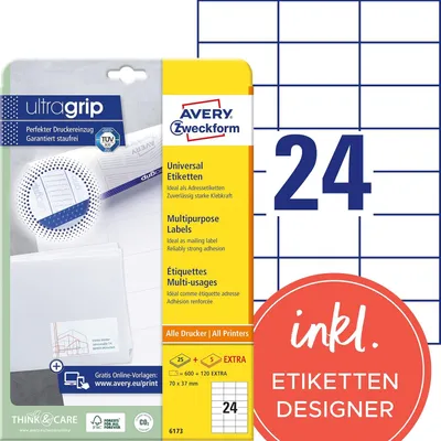 Obrázek produktu pro Avery 6173, Bílá, Obdélník, Permanentní, 70 x 37 mm, A4, Papír