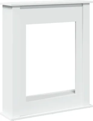 A white fireplace surround with a large rectangular opening in the center.