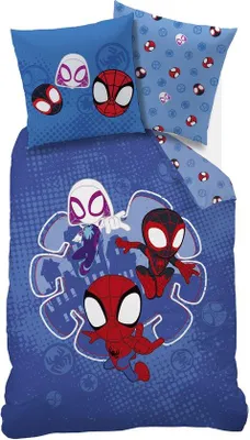 Produktbild von Unyqoos® Spider-Man Kinder-Bettwäsche Spidey Little – 140 x 200 cm + 63 x 63 cm, Blau, 100% Baumwolle, Einzelbett, beidseitig bedruckt