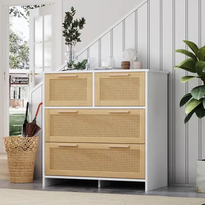 Image de OKWISH Commode 4 Tiroirs - Meuble de Rangement Rotin et Bois pour Chambre, Salon ou Entrée, Surface Fonctionnelle - Naturel + Blanc 80x38x80 cm