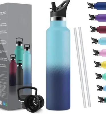 Produktbild von Famanu Trinkflasche 1000ml - Edelstahl Wasserflasche mit Wiederverwendbarem Strohhalm (2 Verschlüsse), Auslaufsicher und Vakuum-Isoliert, BPA-frei