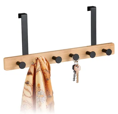 Produktbild von Türgarderobe Garderobenhaken Hakenleiste - 6 Haken - Für Aufsatztüren - Bambus und Metall - Natur-Schwarz