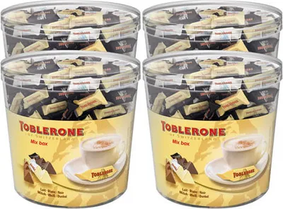 Produktbild von Toblerone Mini Mix-Box Einzelportionen Milch, Weiß, Dunkel, 150 Stück à 6 g 4 x 900 g