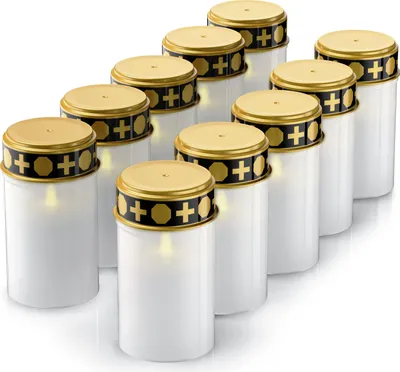 Zdjęcie produktu dla Znicz nagrobny LED BEARWARE 10x, zasilany bateryjnie, zestaw 10 sztuk, znicz cmentarny, wodoodporny, IP44, odporny na warunki atmosferyczne, realistyczny efekt migotania, lampion nagrobny