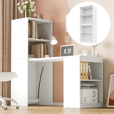 Immagine prodotto di Scrivania Merax, tavolo ribaltabile multifunzionale e libreria in un unico mobile, scrivania da ufficio con ripiani, scrivania per computer, 130x51x137 cm, bianco