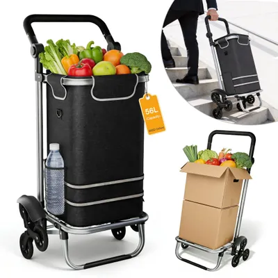 Produktbild von LZQ Einkaufstrolley klappbar 56L, stabiler Einkaufwagen mit Treppensteiger-Design, 3in1 Transportwagen, Sackkarre & Umhängetasche, Schwarz