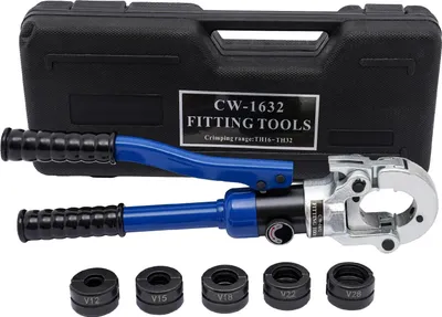 Produktbild von Hydraulische Presszange für Rohre - Manuelles hydraulisches Presswerkzeug - V-Backen 12/15/18/22/28 mm - Set - Blau