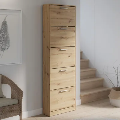 Produktbild von Forte NET402 Schuhschrank 60, moderner Schuhschrank, 5 Kippfächer, schmal, hoch, Holzwerkstoff, Artisan Eiche Holzdekor, Flurschrank, 58,2 cm breit x 185,8 cm hoch x 20,4 cm tief