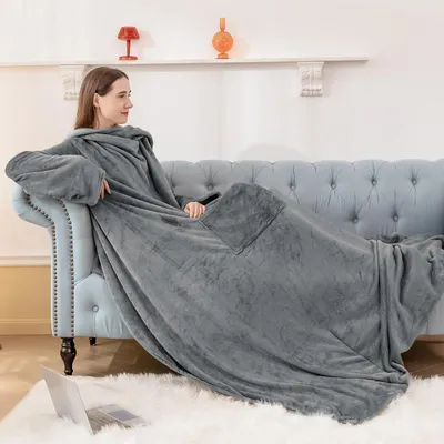 Produktbild von Kuscheldecke mit Ärmeln und Fußtaschen 150x200 cm Grau Fleece