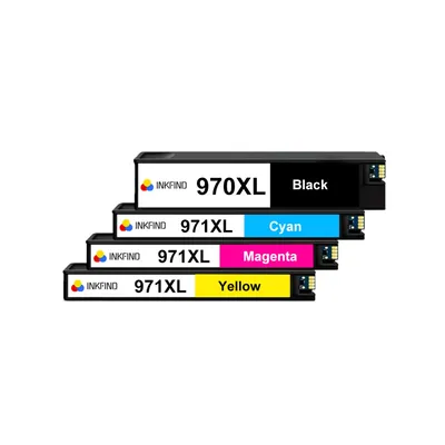 A stack of four ink cartridges, each labeled with a brand name and color.