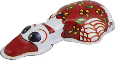 A tin toy duck with a red and white body decorated with floral patterns.