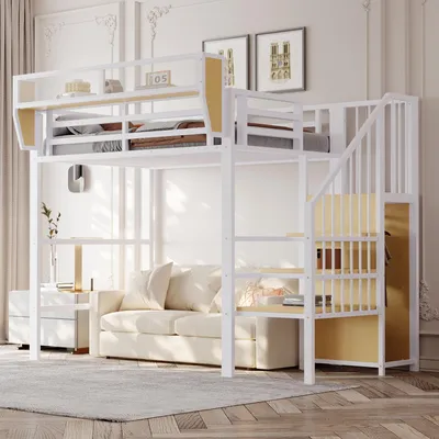 Productafbeelding van Halfhoogslaper 90x200 cm met veiligheidsladder en verstelbare plank, metalen bed met opbergruimte, ruimtebesparend bed voor volwassenen en kinderen, wit
