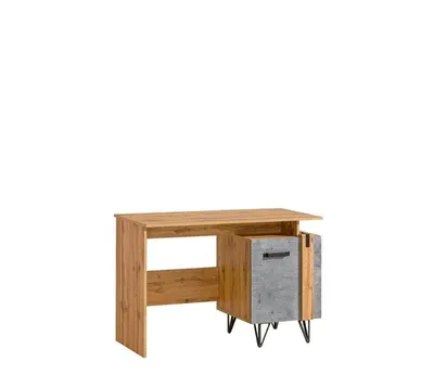 Produktbild von Schreibtisch LORENZA, moderner Arbeitstisch mit Tür und Stauraum, Computertisch im Industrial Design für Büro und Homeoffice Eiche Wotan/Beton Optik