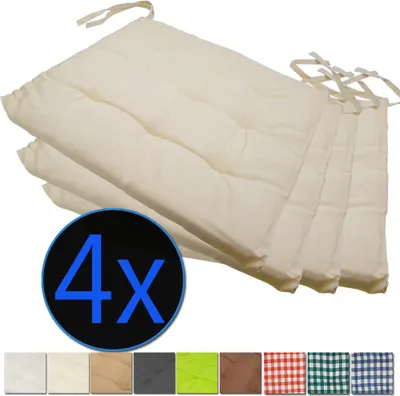 Four cream-colored seat cushions are stacked on top of each other against a white background. A circular overlay with the text '4x' in blue is in the lower left corner. A row of small color swatches is at the bottom.