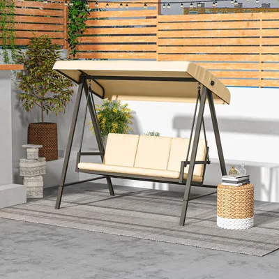 Produktbild von Hollywoodschaukel 3-Sitzer kippbares Sonnendach, Schaukelbank Gartenschaukel Polyester Stahlrahmen, Beige | 200x125x175 cm | 39 kg | rutschfeste Füße