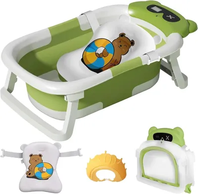 Image de Baignoire pour bébé - Pliable - Avec coussin de bain - Indicateur de température - Portable - PP - 25 à 36 mois - Vert