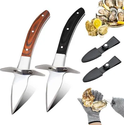 Produktbild von Famanu Set aus 2 Austernmessern und 2 Schnittschutz-Handschuhen - Edelstahl, Schutzklasse 5