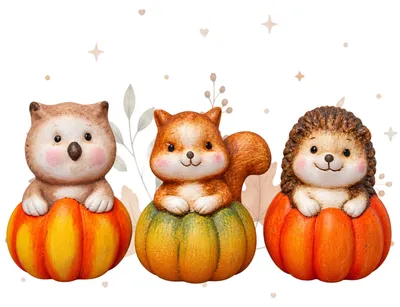 Produktbild von 3er Set Kürbisfiguren mit Waldtieren – Igel, Eule und Eichhörnchen