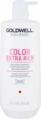 A white pump bottle of Goldwell Dualsenses Color Extra Rich Brilliance Shampoo.
