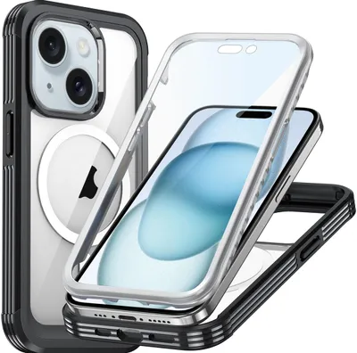 Produktbild von Mobigear Rugged Mag iPhone 15 MagSafe Schutzhülle, Hartschalenhülle, Rückseite, stoßfest - Schwarz