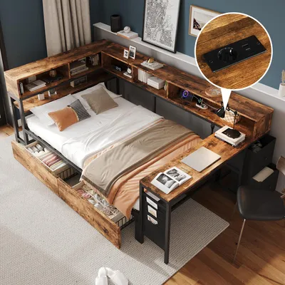 Zdjęcie produktu dla Łóżko jednoosobowe "Flex" o wymiarach 120x200 cm z biurkiem, rozkładana sofa młodzieżowa z możliwością przechowywania i szufladami, łóżko dwuosobowe metalowe z półkami, kolor czarny