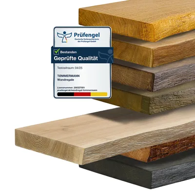 A stack of wooden shelves with a quality seal overlay.