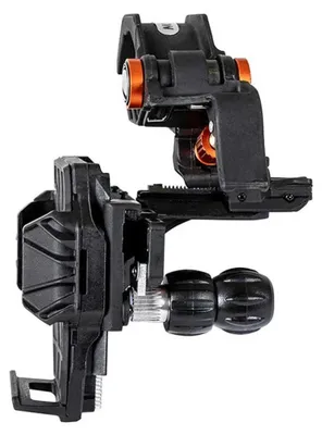 A black and orange telescope camera/smartphone mount is shown against a white background.