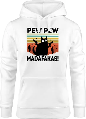 Produktbild von Kapuzen-Pullover Damen Pew Pew Madafakas! schwarze Katze Spruch Meme lustig Hoodie Moonworks® weiß S