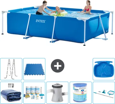 Obrázok produktu pre Bazén Intex s obdĺžnikovým rámom - 300 x 200 x 75 cm - modrý - obsahuje markízu - balík na údržbu - filtračné čerpadlo pre bazén - filter - čistiaca súprava - rebrík