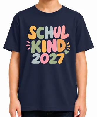Productafbeelding van T-shirt voor schoolgaand kind, model 2027, voor meisjes of jongens, in boho-retro stijl, voor de eerste schooldag, marineblauw, maat 152