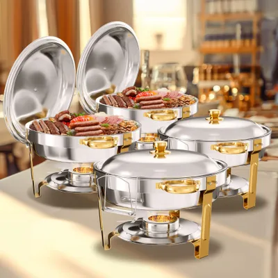 Produktbild von WARMOUNTS Chafing Dish Buffet Set 4er, 5 QT (ca. 4,7 L) Rund, Edelstahl Speisenwärmer mit Deckel & Deckelhalter, Buffet Warmhaltebehälter, KI-generiertes Bild