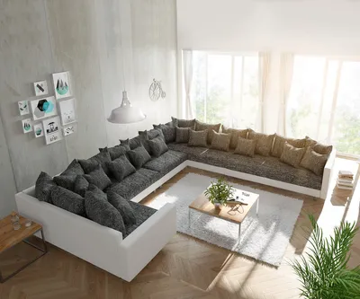 Produktbild von Couch Clovis XXL Weiss Schwarz mit Armlehne Ottomane Rechts Wohnlandschaft