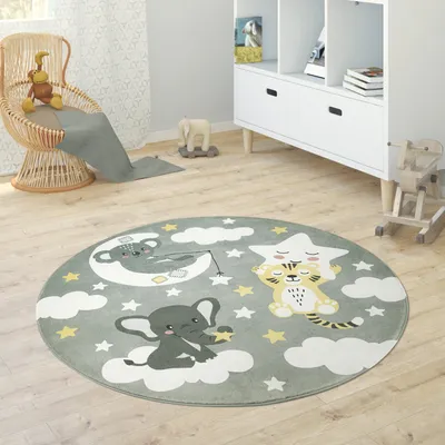 Productafbeelding van Kinderkleed, rond, voor kinderkamer, speelmat, babykleed, met sterren, maan, olifant en regenboog. Afmetingen: diameter 120 cm, rond