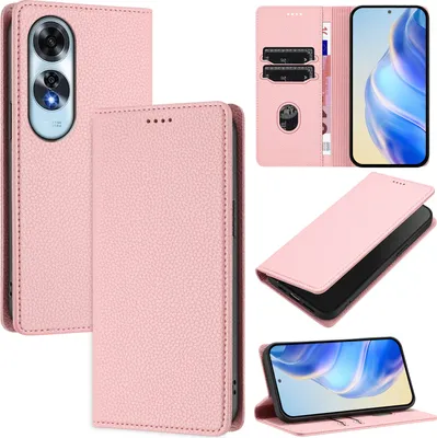 Produktbild von Litchi Leder Handyhülle für Oppo A60 Wallet Kartenfächer Standfunktion Hülle Pink