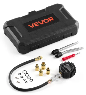Zdjęcie produktu dla Tester spadku ciśnienia VEVOR do cylindrów silnikowych, zakres manometru 10–200 psi, tester ciśnienia w cylindrach z 4 adapterami, wygiętymi i przedłużonymi rurkami metalowymi oraz walizką transportową, zestaw do badania kompresji w pojazdach silnikowych
