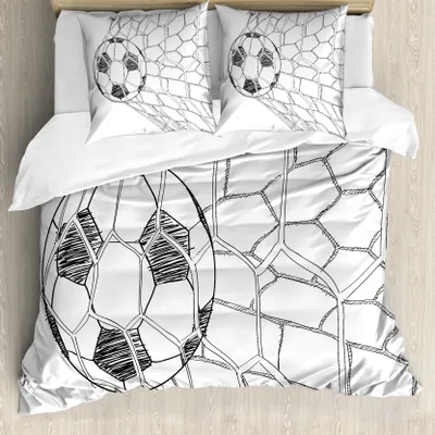 Produktbild von ABAKUHAUS Fußball Bettbezug, Fußball im Netz, Milbensicher Allergiker geeignet mit Kissenbezügen, 200 cm x 200 cm - 80 x 80 cm, Schwarz-Weiss