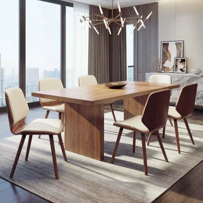 Produktbild von 6er-Set Esszimmerstuhl HWC-B16, Holz Bugholz Retro-Design Walnussoptik, -  Kunstleder creme