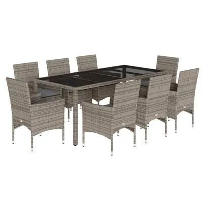 Image de vidaXL Salon de jardin 9 pièces avec coussins Gris Poly rotin et verre